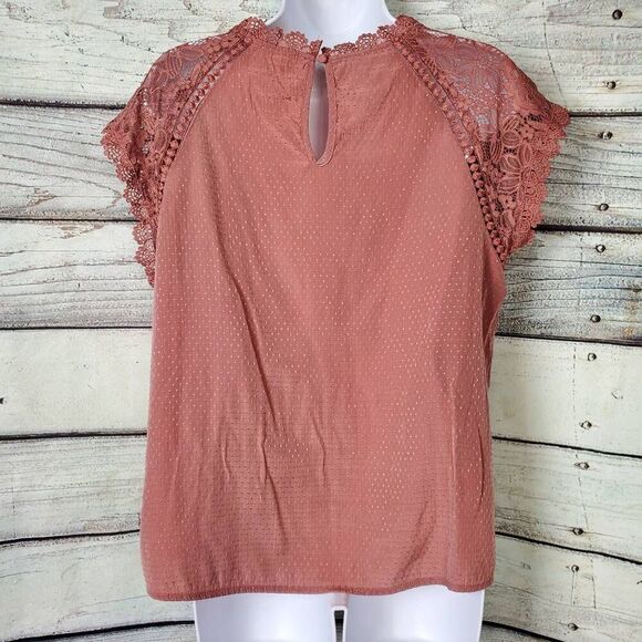 Blu Pepper Women’s Lace Sleeve Dot Textured Top Size L Mauve - Picture 4 of 7